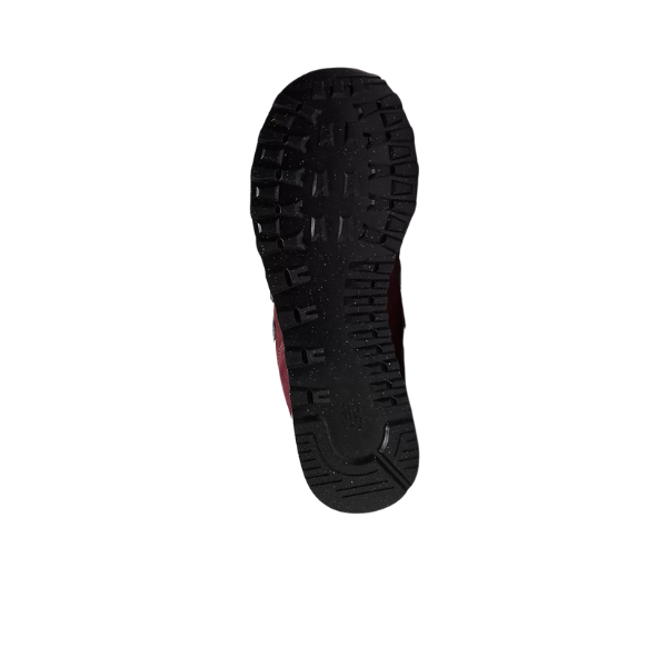 A black rubber sneaker sole with a textured tread pattern, shown from the bottom against a white background—designed for the NEW BALANCE Mens 574 Magenta to help reduce foot pain during runs.