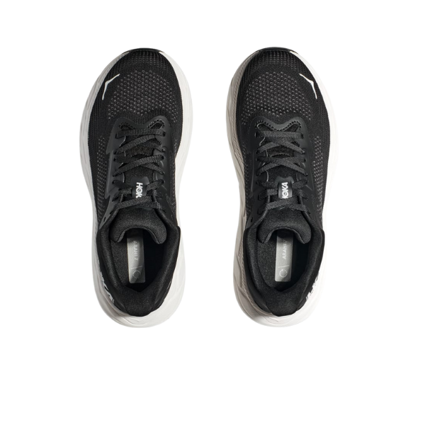 A pair of HOKA Mens Arahi 7 Wide stability running shoes in black/white, shown from above on a white background. They feature black laces, subtle white HOKA logos, and J-Frame technology for enhanced support.