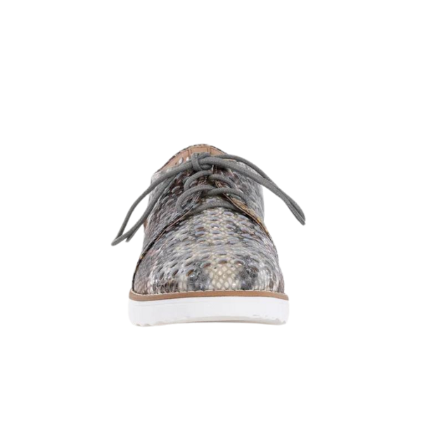 Front view of the Django & Juliette Womens Onstage Pink Multi Leather shoe by DJANGO & JULIETT, featuring a lace-up design, pink multi-tone textured leather, and a white sole—ideal for fans of stylish comfort footwear.