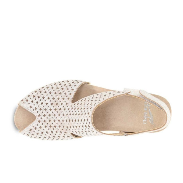 Top view of a white Dansko Womens Teagan sandal by DANSKO with a woven lattice design and back strap. This lightweight, stylish slingback helps relieve foot pain, offering comfortable support for warm weather.