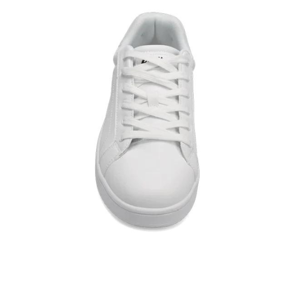 The Rival Mens The Ace Court Shoe White by RIVAL, INC. is shown from the front on a white background, featuring a synthetic upper, abrasion-resistant details, white laces, and a rounded toe.