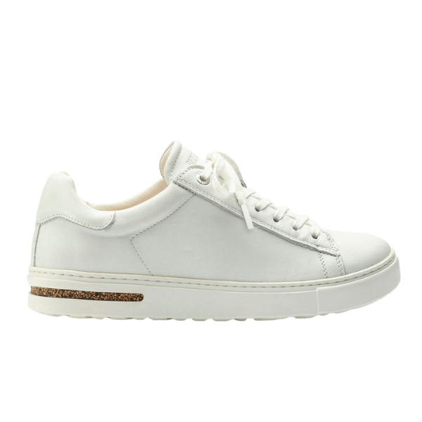 The Birkenstock Mens Bend Low White sneaker features white laces, a textured sole, a cork heel detail, signature BIRKENSTOCK support, and a contoured footbed for comfort. Shown in profile on a plain white background.