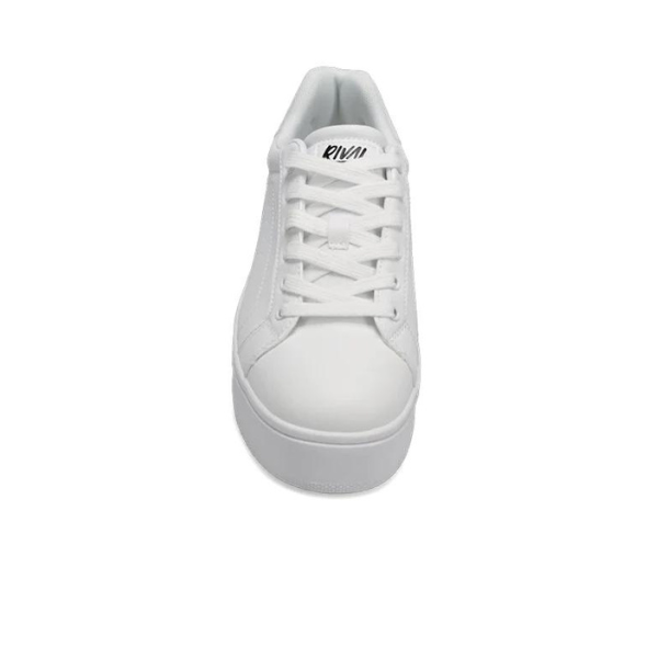 The Rival Womens The Ace Rise Court Shoe White from RIVAL, INC. is shown from the front, featuring a minimalist design with white laces, a thick sole, and abrasion-resistant rubber for durable wear.