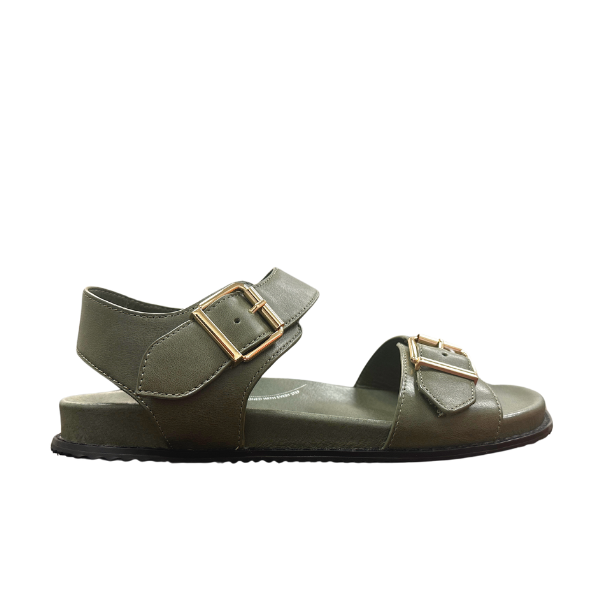 The ZIERA Womens Hastice Olive Leather sandals offer foot pain relief with an open toe and two adjustable gold buckles. Shown in side profile against a white background.