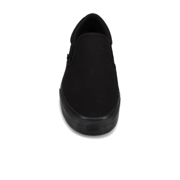 The Rival Mens Deuces Black by RIVAL, INC. is a black slip-on canvas sneaker with a rounded toe and black rubber sole, seen from the front without visible laces, set against a plain white background.