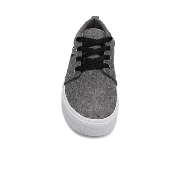 The Rival Mens Tilt Grey Chambray by RIVAL, INC. is a gray canvas sneaker with black laces, a white rubber outsole, and padded collar, displayed front view on a white background.