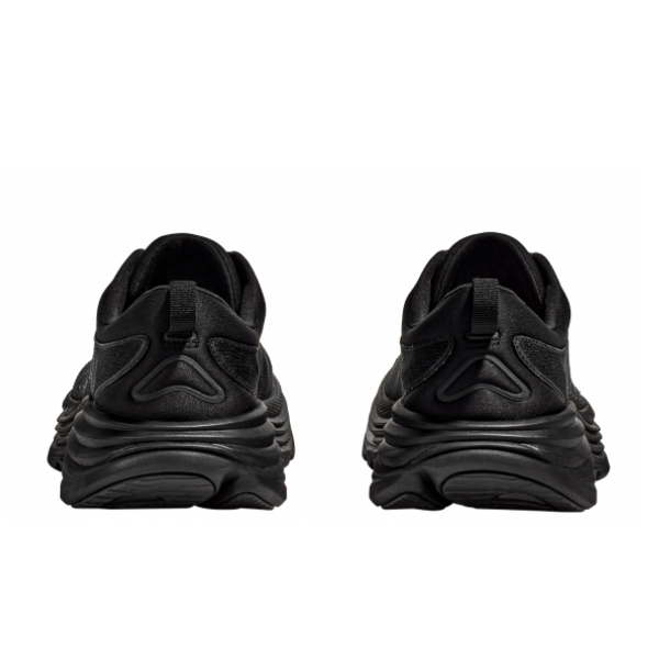 A pair of HOKA Mens Gaviota 5 (Wide Width) Black athletic sneakers viewed from the back, displaying textured soles and heel pull tabs against a white background, and featuring the brands stabilizing H-Frame technology for support.