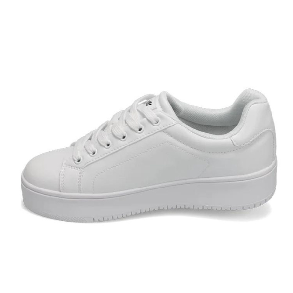 The Rival Womens The Ace Rise Court Shoe White by RIVAL, INC. features a thick, abrasion-resistant rubber sole, white laces, and stitched detailing; displayed in a side view against a white background.