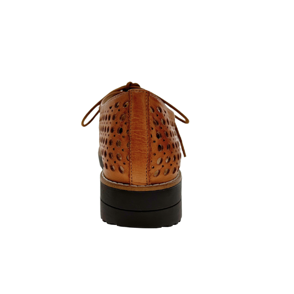 The Django & Juliette Womens Onstage Tan Leather lace-up shoe by DJANGO & JULIETT features tan leather, perforated detailing, black sole, and tan stitching, shown from the back for a stylish and comfortable look.