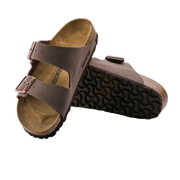 A pair of BIRKENSTOCK Mens Arizona (Regular Width) Mocha sandals with adjustable two-strap design, soft footbed, cork midsoles, and black textured rubber soles; one sandal is on its side showing the sole pattern.