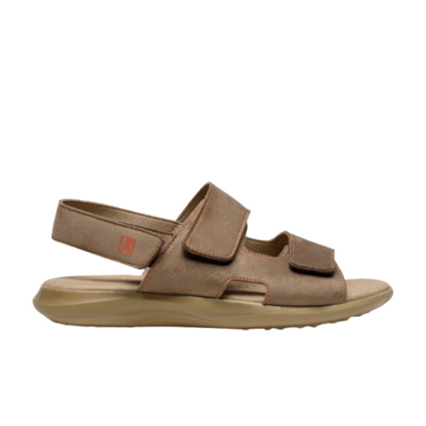 The ARCOPEDICO Womens Sumava Sandal in taupe features two adjustable Velcro straps on top, an adjustable heel back-strap, a cushioned sole, and an open toe design.
