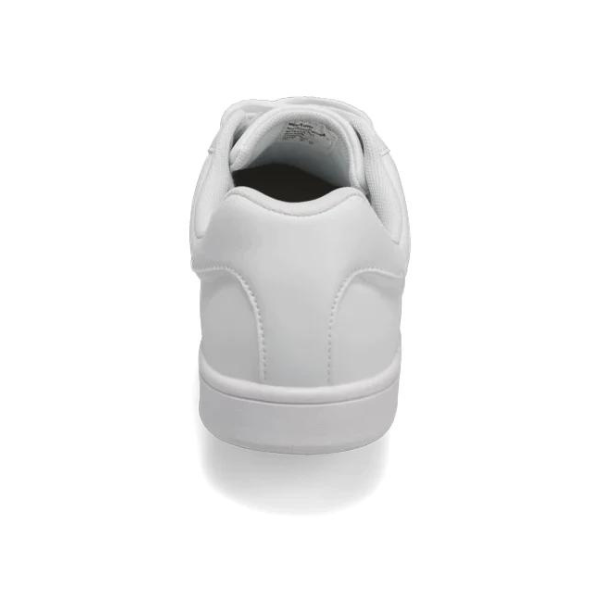 The Rival Mens The Ace Court Shoe White by RIVAL, INC. is shown from the back, highlighting its smooth, abrasion-resistant heel, synthetic upper, and white sole with minimal detailing against a plain white background.