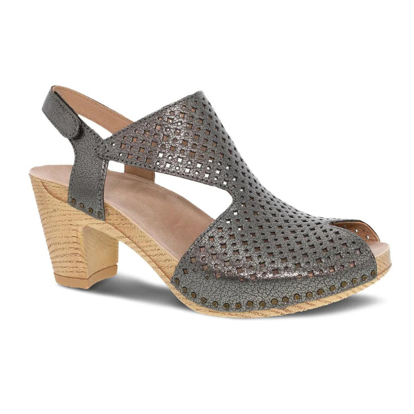 The Dansko Womens Teagan Gunmetal by DANSKO is a chic slingback sandal with a metallic perforated upper, medium wood-look block heel, open toe, and velcro closure—combining style with all-day comfort.