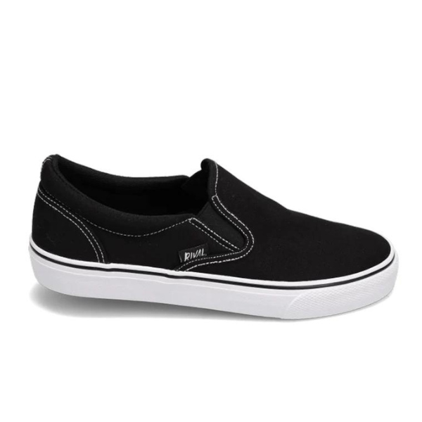 The Rival Womens Deuces Black/White by RIVAL, INC. is a black canvas slip-on with white stitching, a white rubber sole, and a small black RIVAL tag on the side. Designed for comfort and shown on a plain white background.