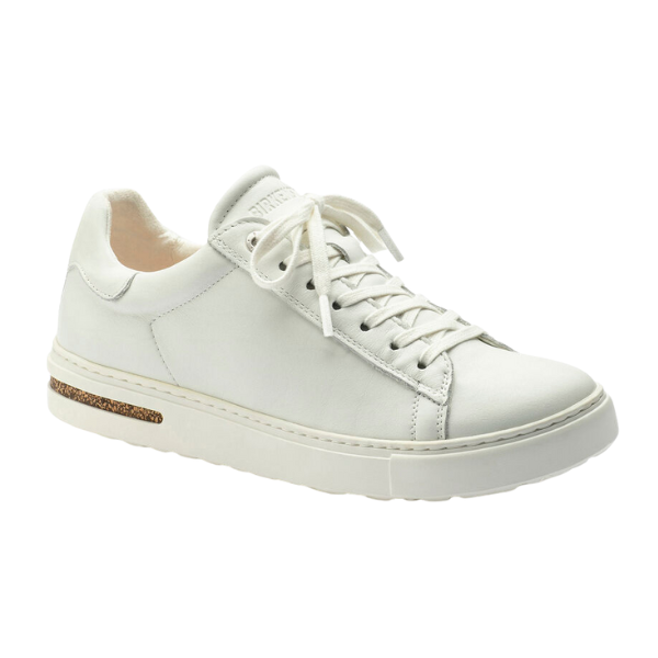 The Birkenstock Mens Bend Low White by BIRKENSTOCK is a low-cut, white natural leather sneaker with white laces, a thick white sole, and a subtle brown accent near the heel for a clean, minimal look.