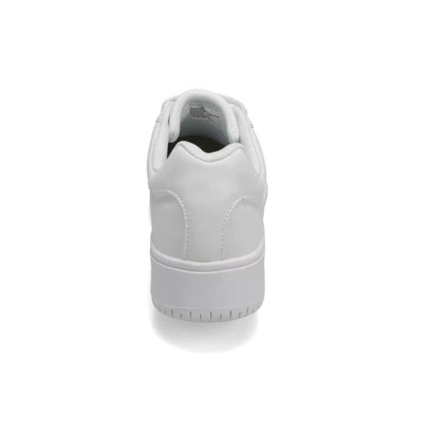The Rival Womens The Ace Rise Court Shoe White by RIVAL, INC. is shown from the back, highlighting its abrasion-resistant rubber heel, sole, and collar against a white background.