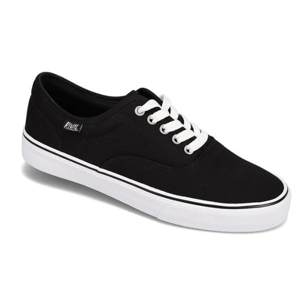 The Rival Mens Trips Black/White by RIVAL, INC. is a classic black low-top canvas sneaker with white laces and a rubber sole, shown at an angle on a plain white background—ideal for fans of CVO styles.