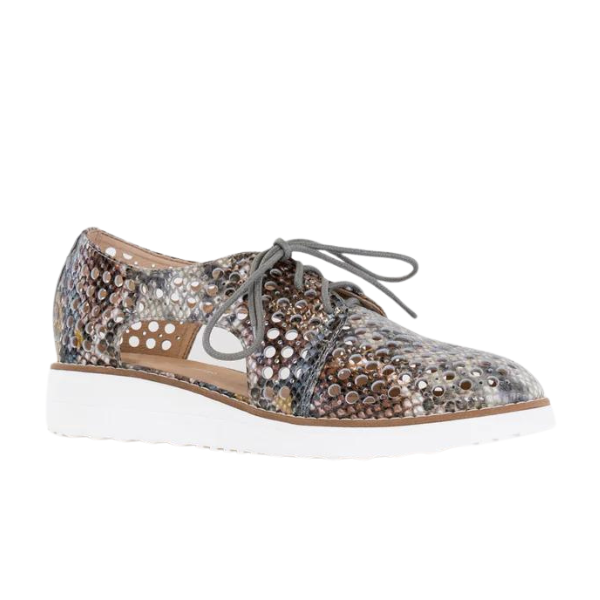 The DJANGO & JULIETTE Womens Onstage Pink Multi Leather shoe is a stylish lace-up with a multicolored sequin pattern, cut-out details, and a thick white sole, shown side view on a white background.