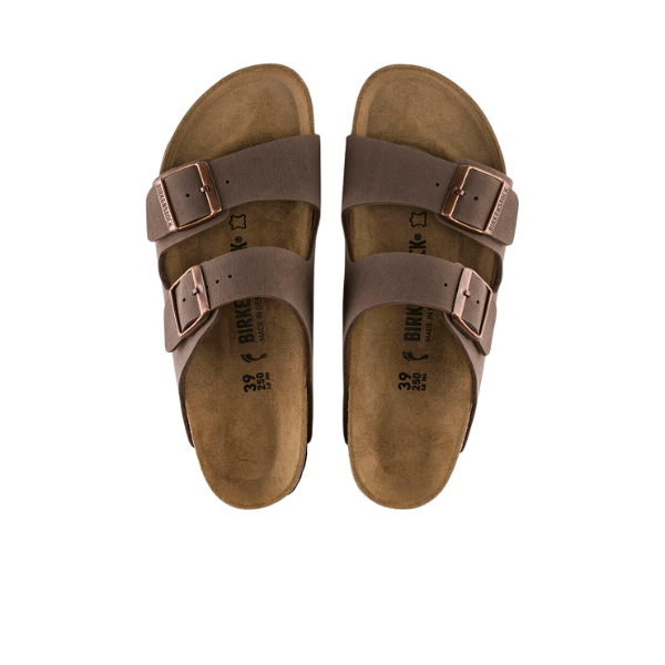 A pair of BIRKENSTOCK Mens Arizona (Regular Width) Mocha sandals with two adjustable straps and buckles, seen from above on a white background.