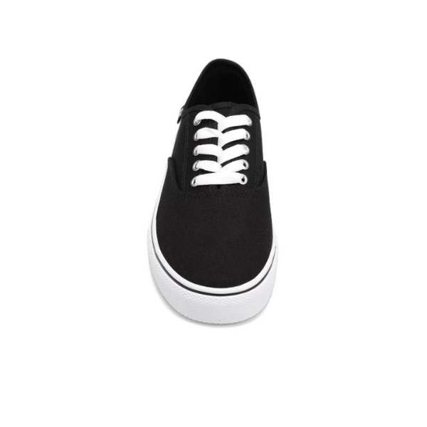 The Rival Womens Trips Black/White sneaker by RIVAL, INC. is shown top-down against a white background, featuring black canvas, white laces, a white rubber sole, and the comfortable Rival+ footbed from our popular collection.