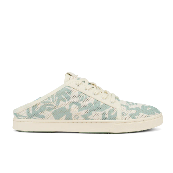 The OLUKAI Olukai Womens Pehuea Li Sneakers Offwhite feature a breathable blue and cream floral mesh, lace-up front, cream sole, and an open drop-in heel for easy slip-on, mule-inspired wear.