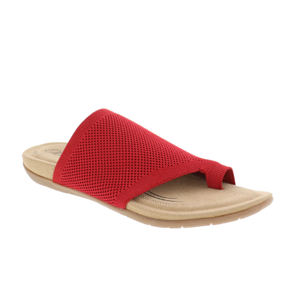 The Biza Womens Lavish Red by BIZA FOOTWEAR is a red, open-toe sandal with a stretch knit upper, beige sole, toe loop, and slightly raised heel for comfort.