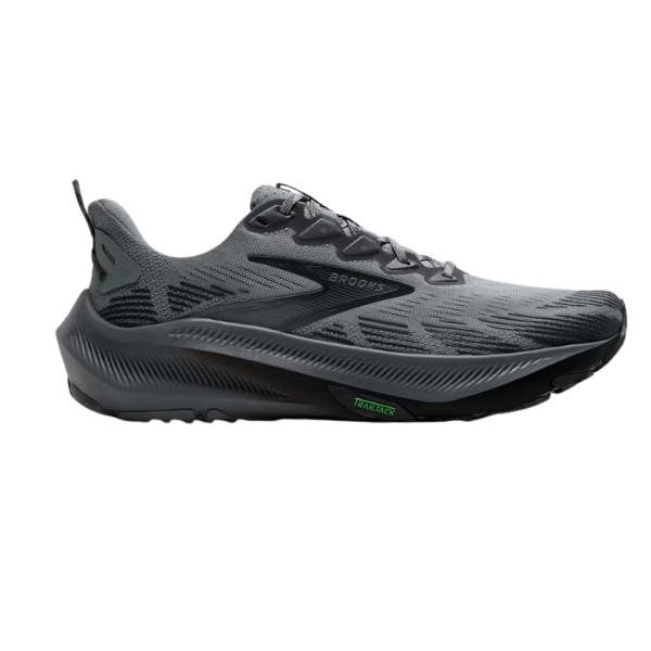 BROOKS Men's Ghost Trail in Gray/Blackened Pearl, shown side profile, built for all-terrain traction.