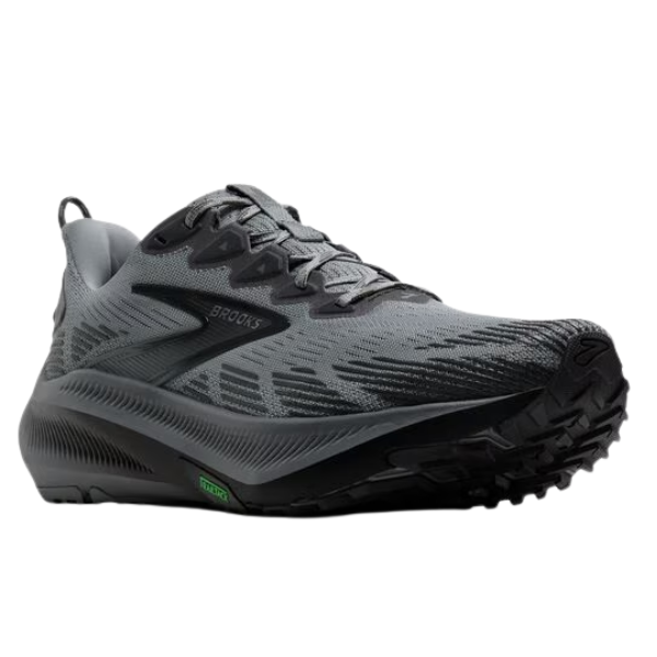 The Brooks Men's Ghost Trail in Gray/Gray/Blackened Pearl features all-terrain traction and a textured sole.