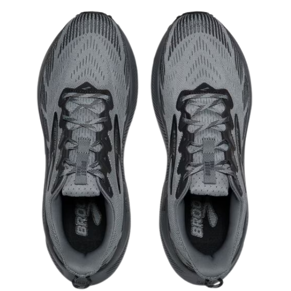 BROOKS Men's Ghost Trail Gray/Gray/Blackened Pearl shoes with all-terrain traction, shown from above on white.