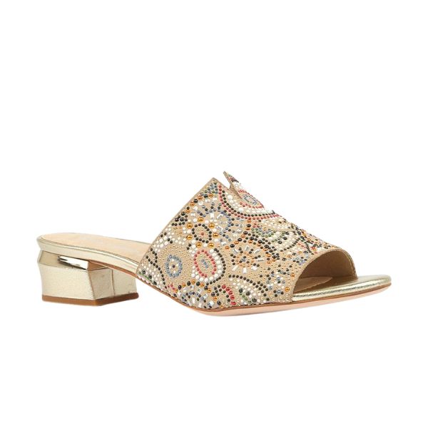 Embrace summer style in the DJANGO & JULIETT Womens Tammy Beige mule, boasting a gold open toe, low block heel, and shimmering rhinestones with floral and circular embroidery.