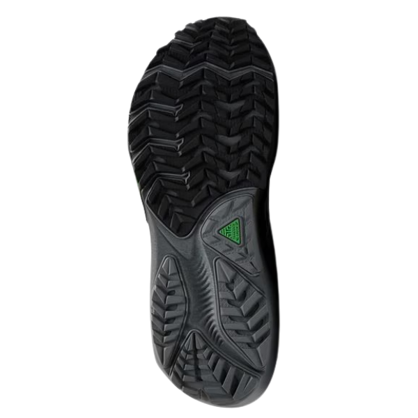 BROOKS Men's Ghost Trail in Gray/Gray/Blackened Pearl with chevron sole and green triangle near the arch for traction.