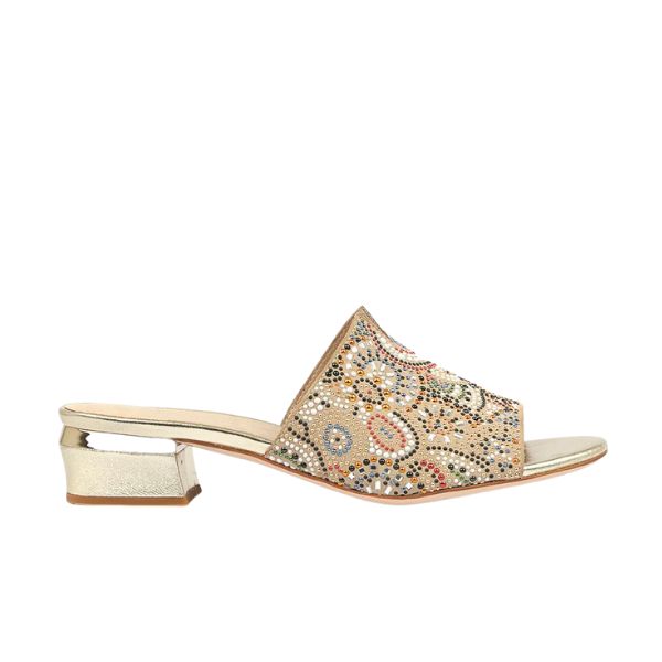 Step into summer with the Django & Juliette Womens Tammy Beige—a chic mule featuring a low metallic gold block heel and an ornate, multicolored beaded and embroidered upper.
