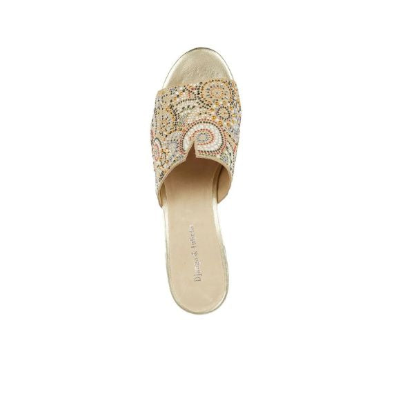 The DJANGO & JULIETT Womens Tammy Beige summer mule sandal features intricate multicolored bead and sequin embellishments on the upper, shown from above against a white background.