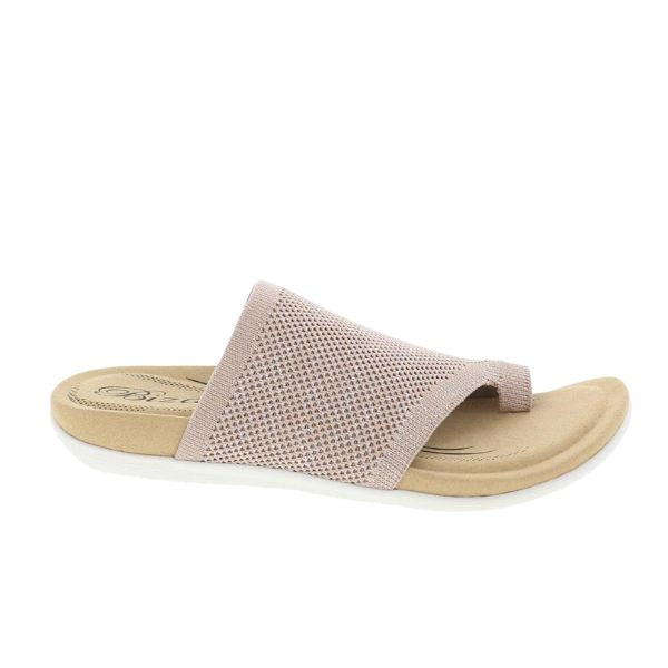 The BIZA FOOTWEAR Womens Lavish Blush Metallic sandal features a stretch knit upper, open toe, and white sole, offering stylish casual wear and foot pain relief.