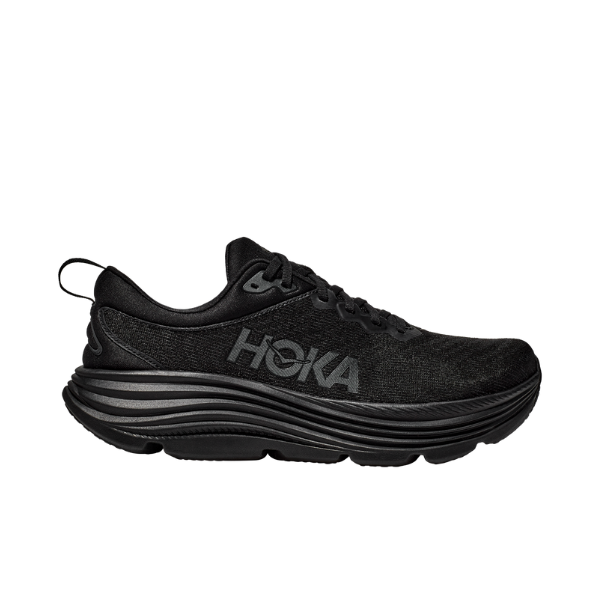 The HOKA Mens Gaviota 5 (Wide Width) Black running shoe features stabilizing H-Frame technology, a thick cushioned sole, and displays the HOKA logo on its side in a profile view against a white background.