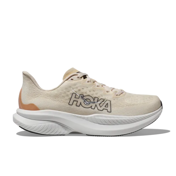 The HOKA Womens Mach 6 (Wide Width) Vanilla features a beige upper, thick white sole, and black-and-white HOKA logo—designed to help reduce foot pain and perfect for daily runs. Shown from the side on a white background.