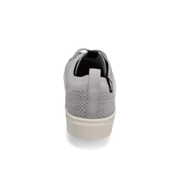 The Rival Womens Ace Knit Light Grey shoe by RIVAL, INC. is shown from the back, highlighting its woven knit texture and abrasion-resistant outsole, centered on a white background.