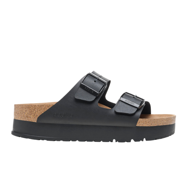 The Birkenstock Womens Arizona Flex Platform Black sandal features two adjustable buckle straps, a vegan cork footbed, and a thick black sole. Brand: BIRKENSTOCK. Shown in a side view.