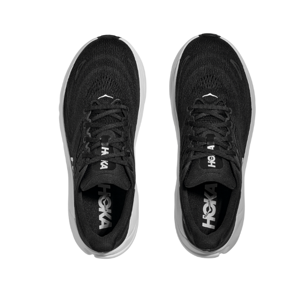 Top view of HOKA Womens Arahi 8 Wide Black/White stability shoes with white soles and HOKA branding, side by side on a white background—designed for women seeking comfort and support for foot pain relief.