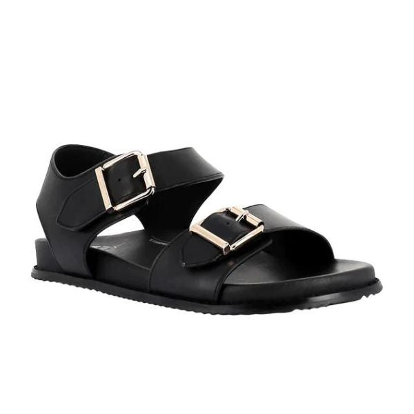 The ZIERA Womens Hastice Black Leather sandal features an open toe and back, two Wide straps with silver buckles, a flat sole with foam cushioning for comfort, and a modern, stylish look.