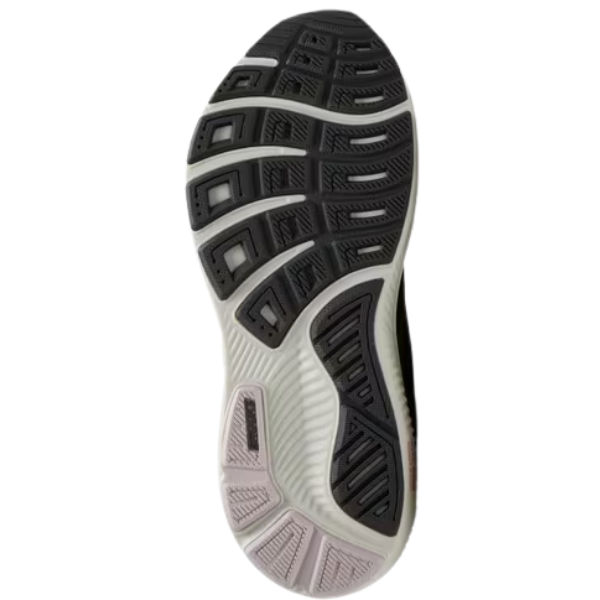 The Brooks Women's Ghost 17 Poppy Seed/Pink/Bluewash features a black and white sole with textured grip and curved tread.