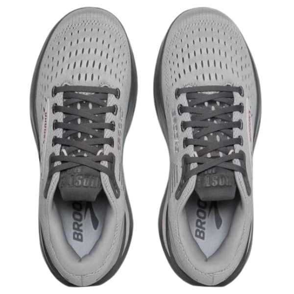 BROOKS Women's Ghost Max 3 in Harbor Mist/Poppy Seed/Pink, shown from above with perforated uppers and cushioned support.