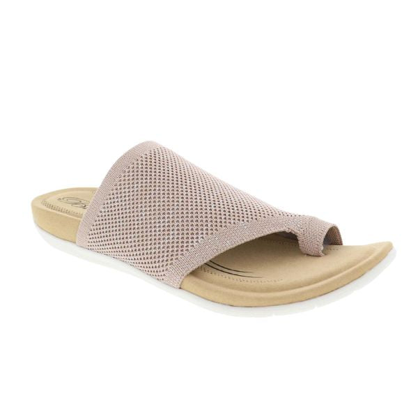 The BIZA FOOTWEAR Biza Womens Lavish Blush Metallic is a blush metallic open-toe slide sandal with a mesh upper, toe loop, and cushioned footbed for comfort, shown against a white background.