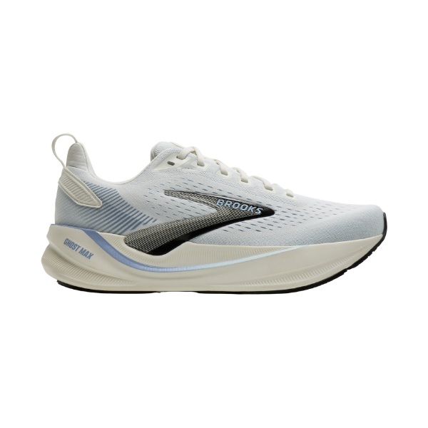 BROOKS Women’s Ghost Max 4 running shoe in Grey/White with cushioned sole and mesh upper, side view.