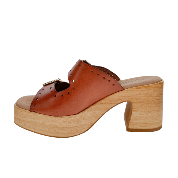 The Sovella Womens Paola Brown by SOVELLA is a brown leather open-toe platform mule sandal featuring a supportive footbed, chunky wooden heel, and decorative perforations for stylish comfort.