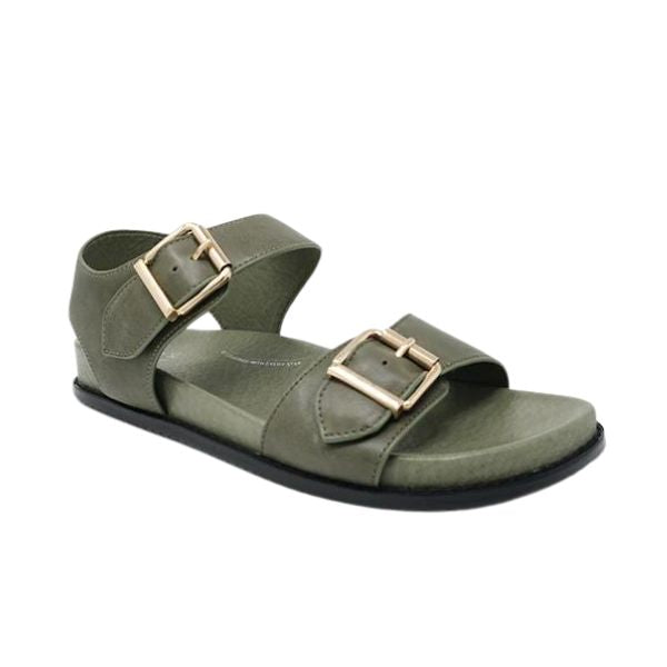 The ZIERA Womens Hastice Olive Leather sandals feature two Wide green leather straps with gold buckles, a flat black sole, and open toe design—perfect for comfort and foot pain relief.