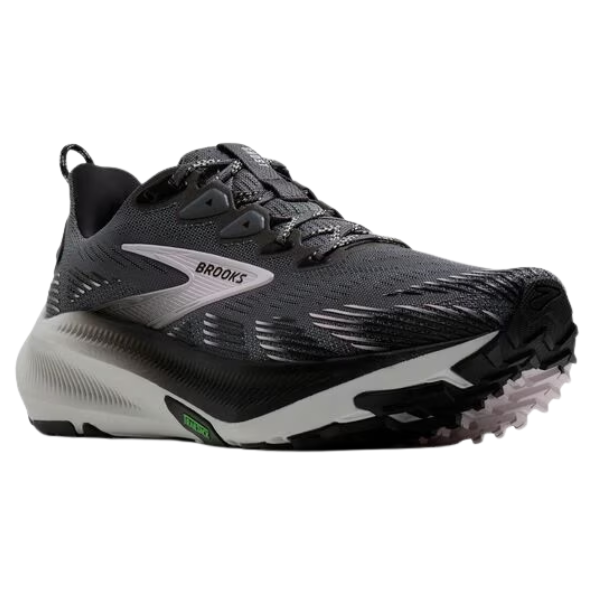 BROOKS Women's Ghost Trail Wide in Poppy Seed/Black/Pink features mesh upper and all-terrain traction sole.