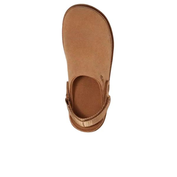 Top view of the UGG Womens Goldenstar Clog Chestnut by UGG, featuring a closed toe and adjustable ankle strap. This platform clog offers stylish comfort in a versatile chestnut shade, set against a white background.