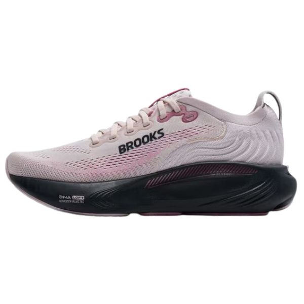 The Brooks Women's Adrenaline GTS 25 in Mauve/Ebony/Pink features a mesh upper, black sole, and side BROOKS logo.
