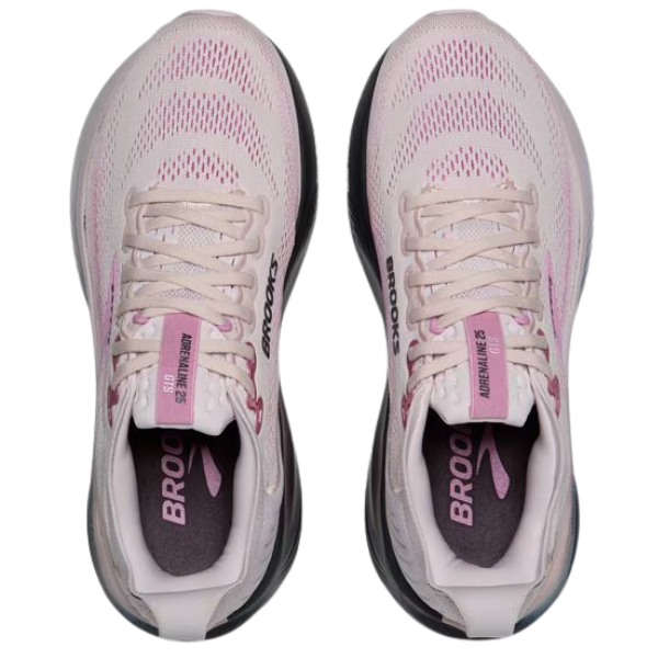 BROOKS Women's Adrenaline GTS 25 in Mauve/Ebony/Pink with white laces and dark soles, viewed from above.